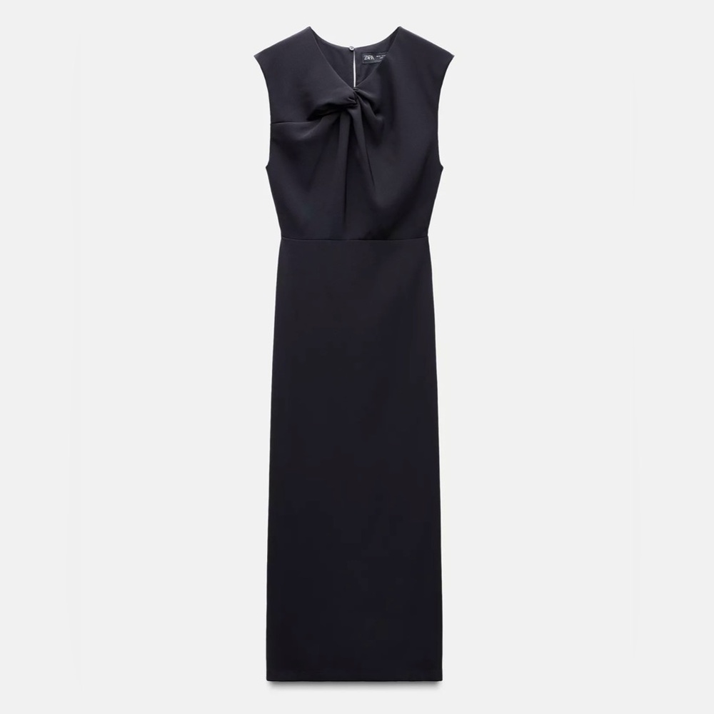 ZARA Sleeveless Navy Twist Knot Front Midi Dress Large NWT